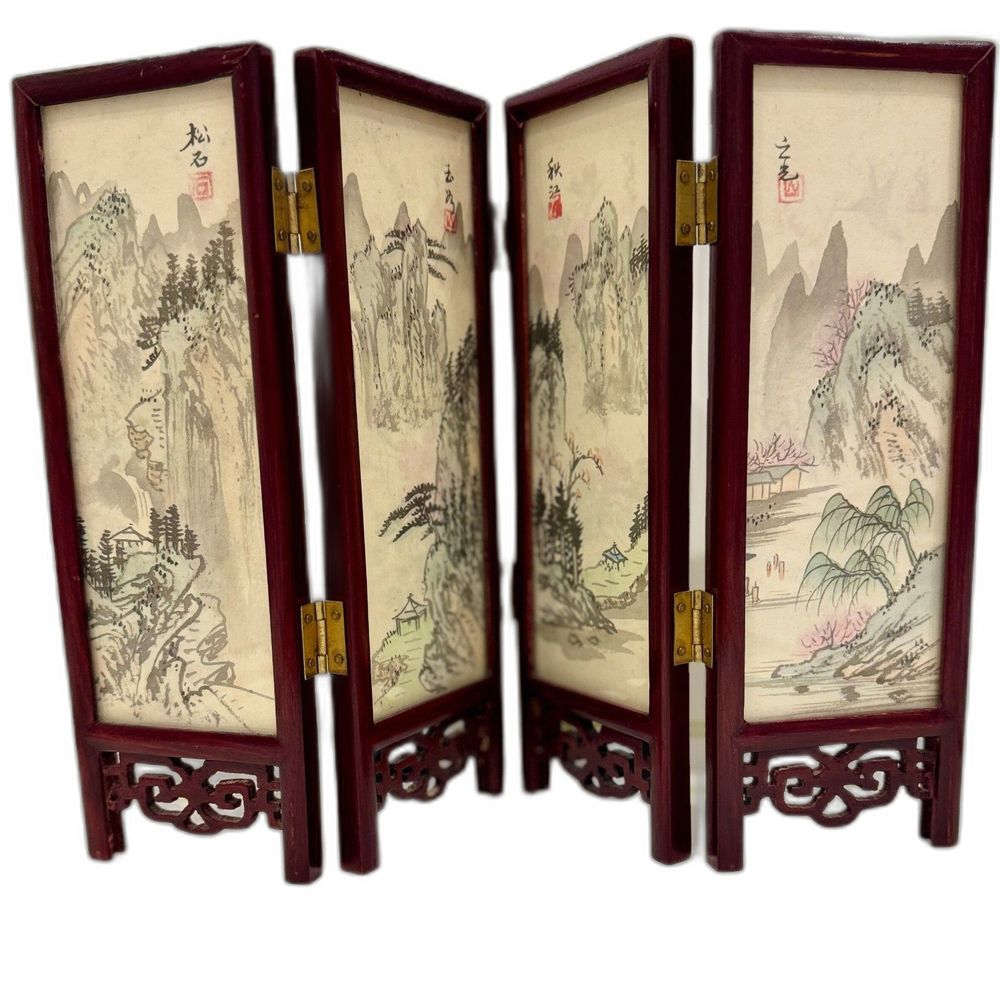 Chinese 4 Panel Screen Hand Painted Silk Lacquer Rose Wood - Signed, VTG, RARE - Picture 2 of 11